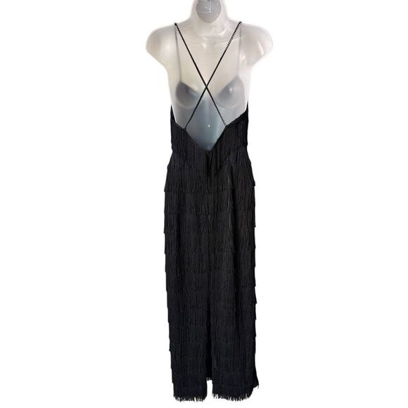 Vintage Inspired Black Fringe Maxi evening Gown With Rhinestone Straps - Picture 3 of 12